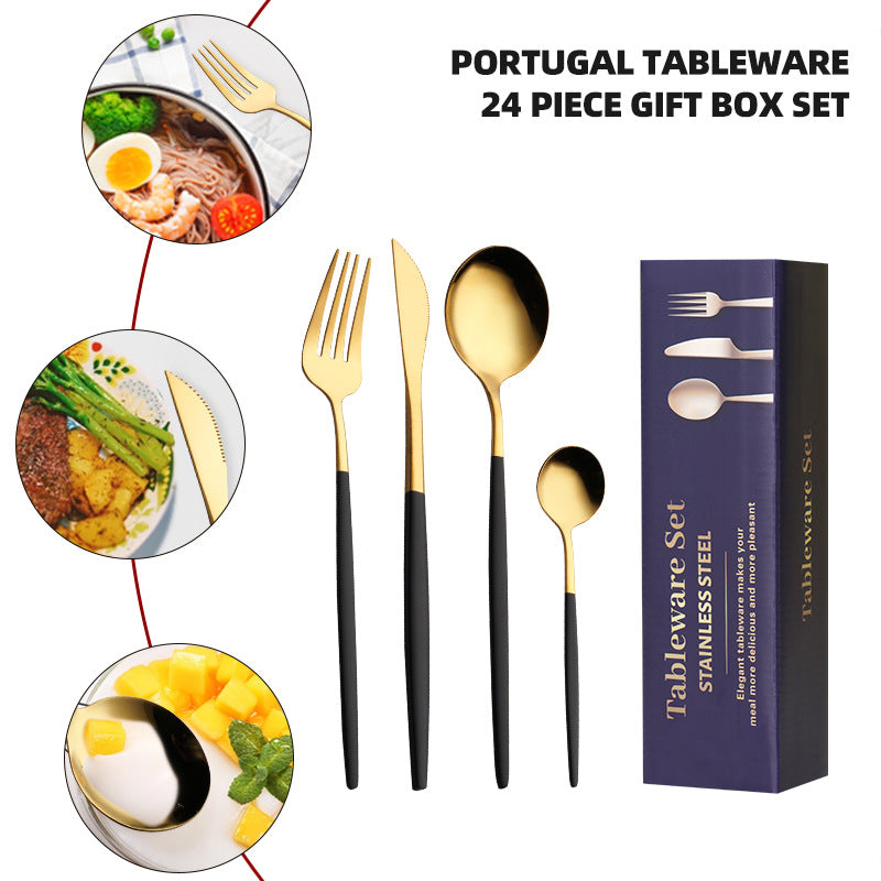 Cross-border Source Stainless Steel Knife & Fork 24 30 Piece Set Portuguese Cutlery Set Gold Creative Western Steak Knife